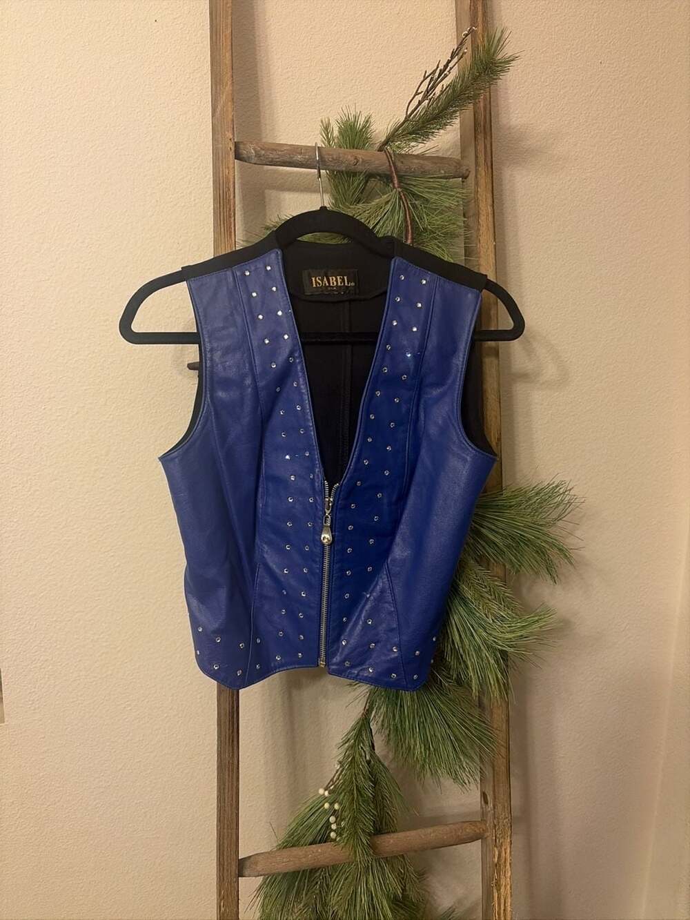 Isabel USA Blue Leather Rhinestone Embellished Zip-Up Vest Size M